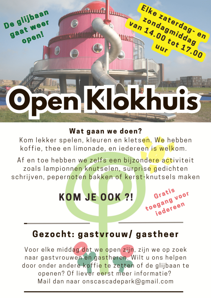 Flyer Open Klokhuis. Elke zaterdag- en zondagmiddag vanaf 01-11-2026.